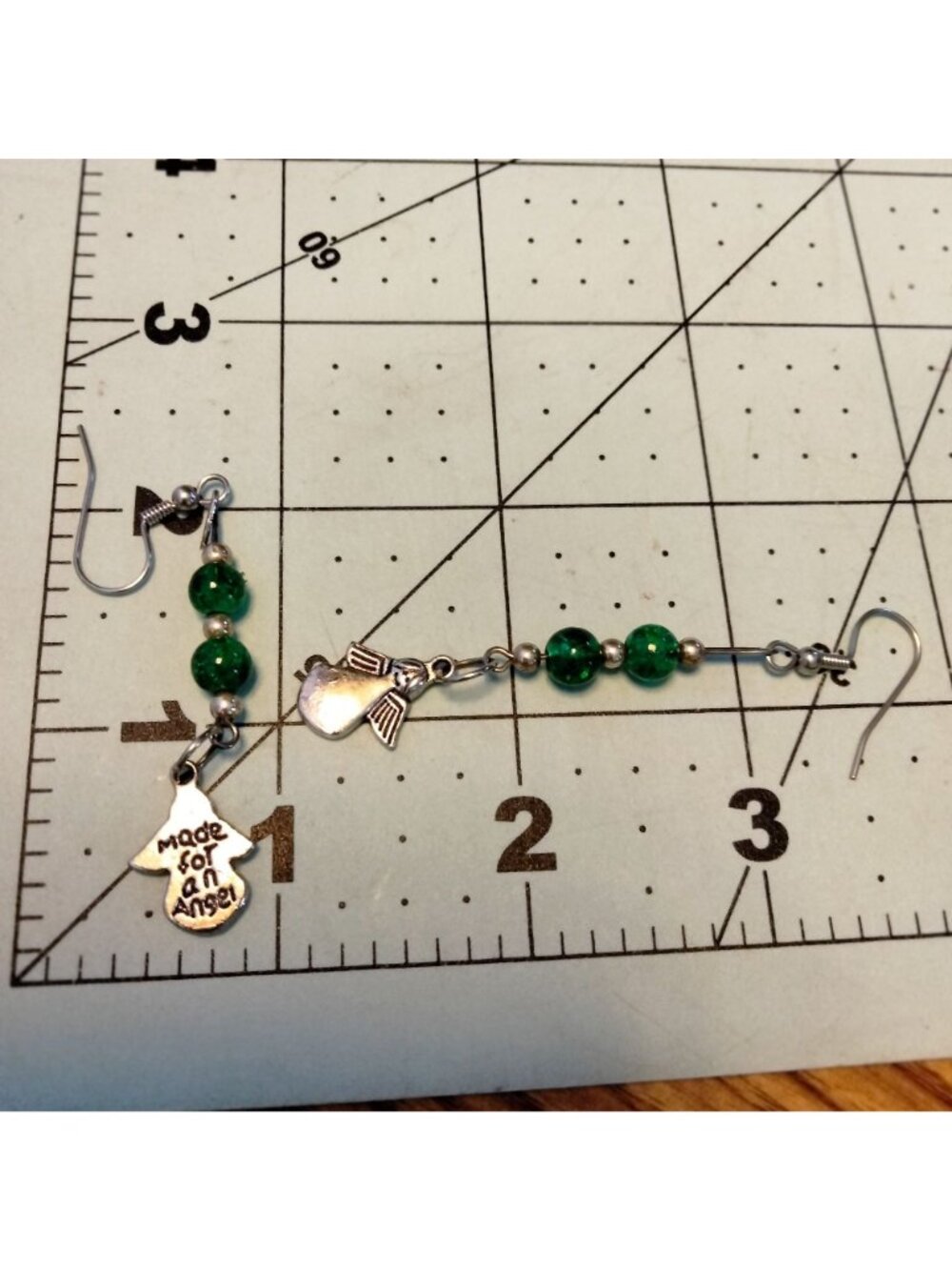 Silver Angel earrings Stamped Made for an Angel Shimmer Green Beads Drop Dangle - Picture 5 of 6